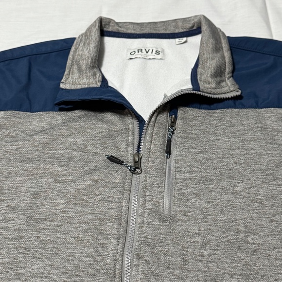 men grey blue jacket brand orvis size m zipper down pocket bothside zipper - Picture 3 of 6